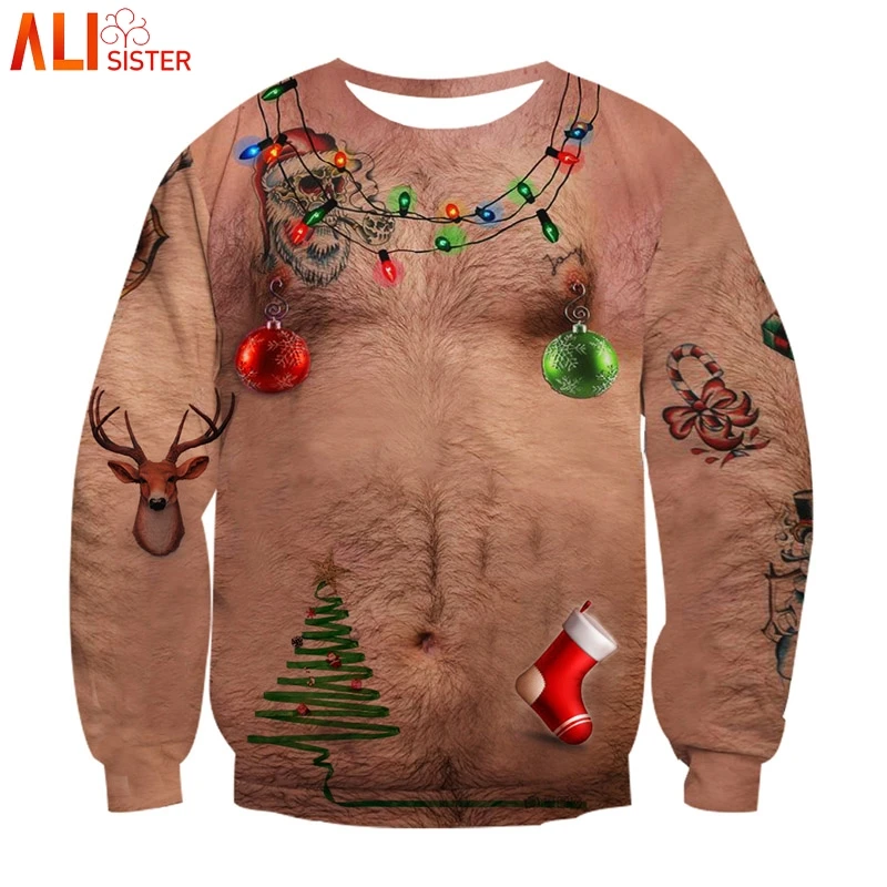 Alisister Funny Christmas Hoodies Sweatshirt 3d Chest Hair Print Ugly