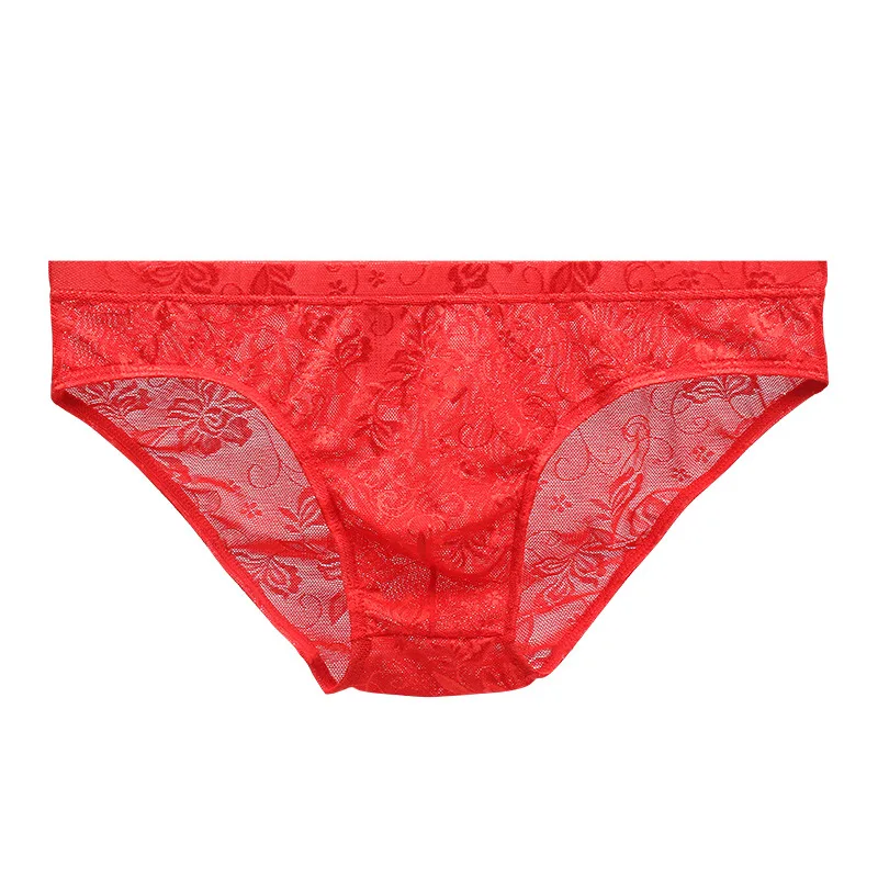 Newly Men Underwear Solid Color See-through Lace Low Waist Breathable Briefs BFE88