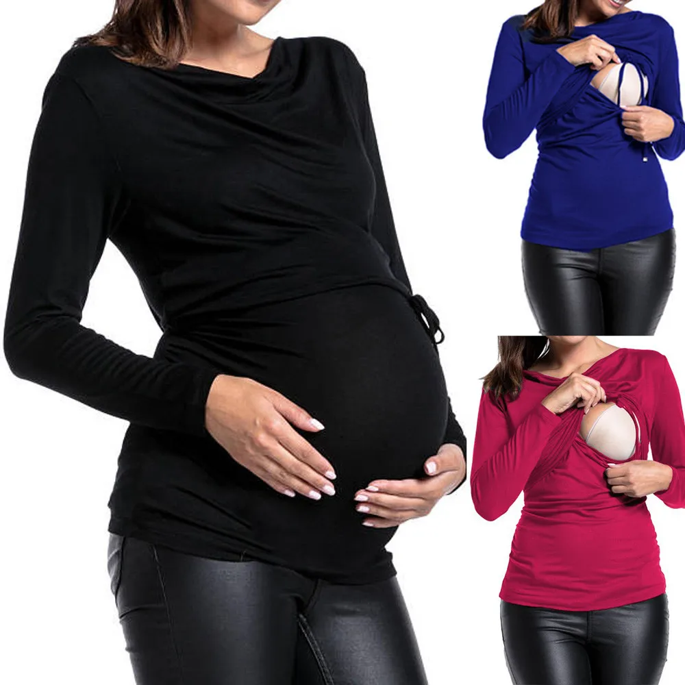 Для женщин беременных с длинным рукавом для будущих мам Грудное вскармливание топ на шнуровке двойная Слои блузка кормления Топ для кормления грудью; футболка grosses