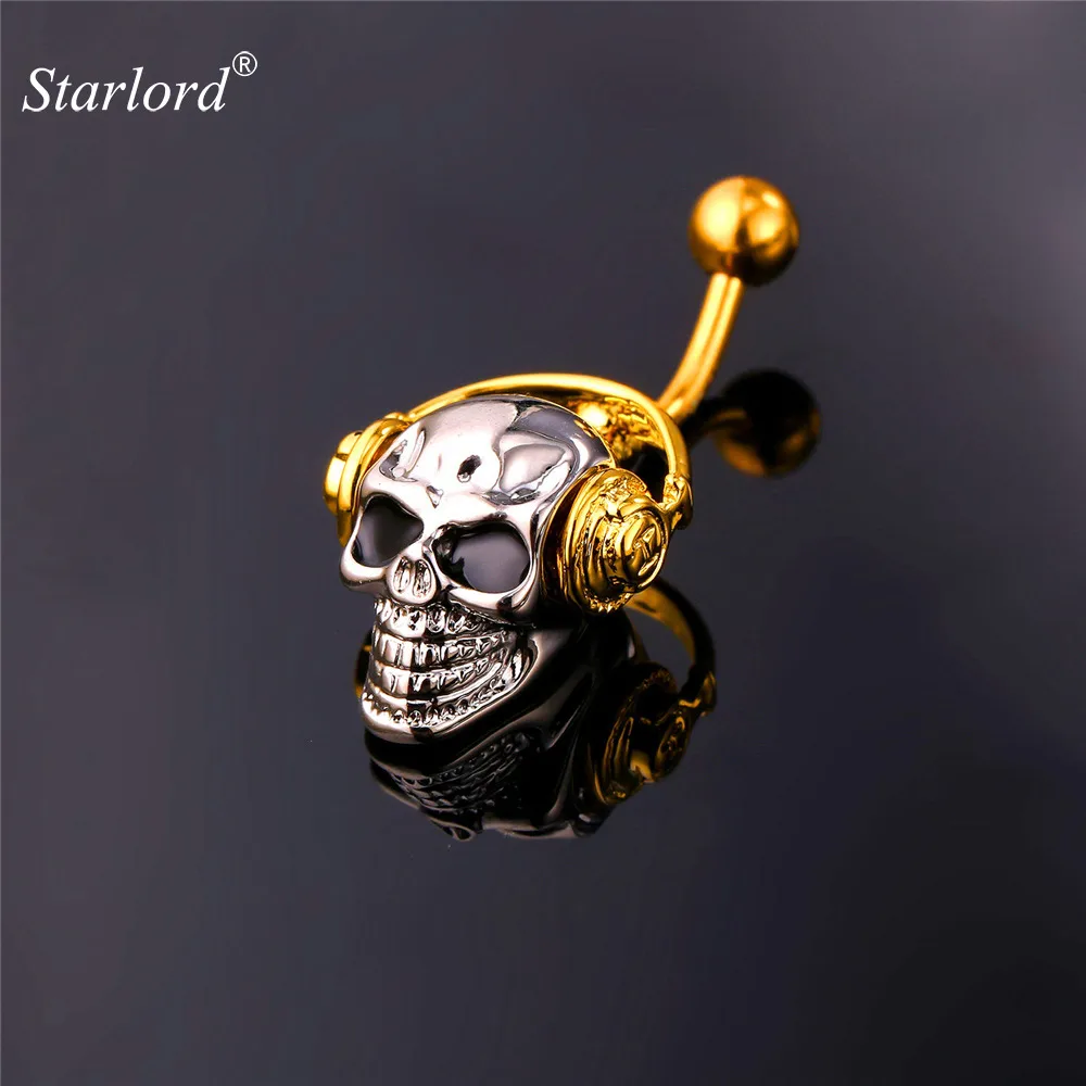 

Gothic Body Jewelry Skeleton Skull With Walkman Music Belly Button Rings Women Gold Color Navel Piercing Nombril DB2162