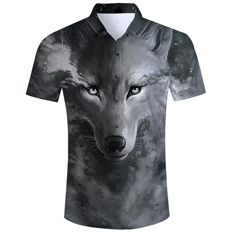 2019 Мужская рубашка 3D волк с коротким рукавом мужская рубашка Slim Fit Camisa Masculina Гавайи повседневная мужская рубашка с цветочным принтом Прямая