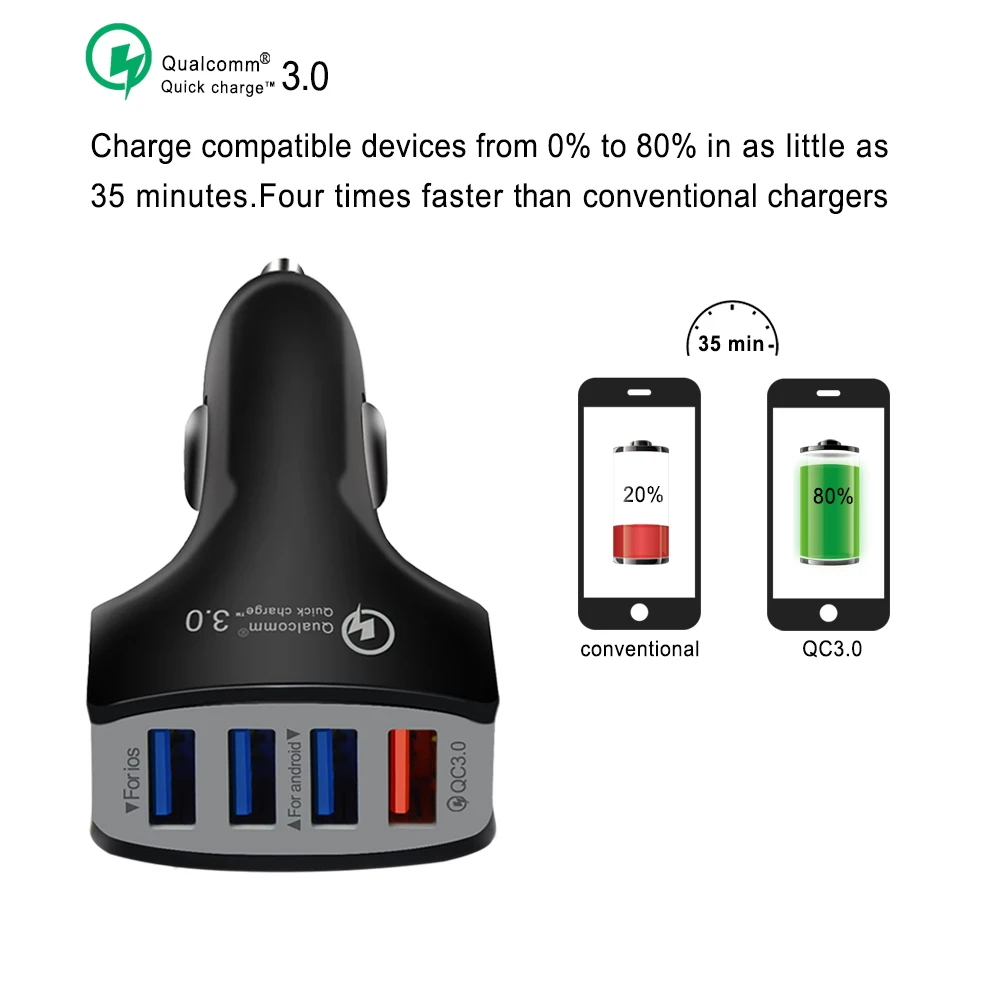 AS QC3.0 شاحن سيارة الهاتف المحمول سيارة-شاحن 4 ميناء USB شاحن سيارة سريعة الهاتف محول ل فون سامسونج Xiaomi