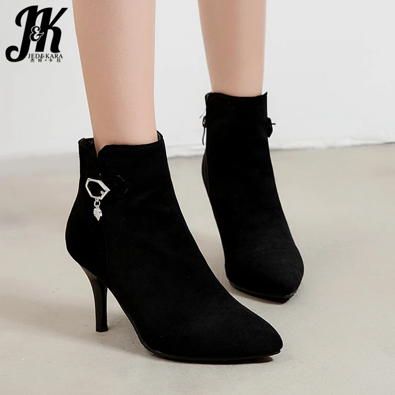 

JK Thin High Heels Boots Women Ankle Booties Ladies Fashion Pointed Toe Shoes Female Flock Zip Shoes Winter 2019 Plus Size 32-45