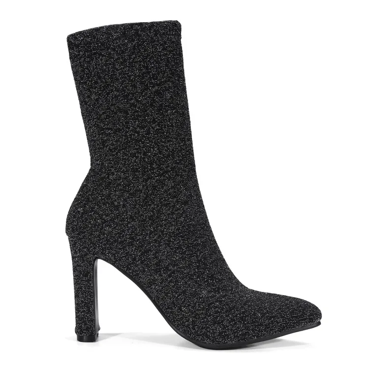 Chaussette Talons Cheville Argenté Chaussures Bottes Haute Bout Dames Sur Pointu Stiletto Pompes silver 9 Noir Femmes Black Stretch Tissu Slip Cm nwN0PyvOm8