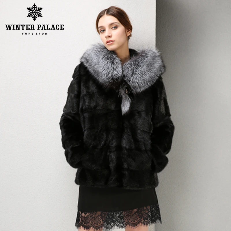 

Black fashion big fox fur collar fur coat popular styles mink fur coat Genuine Leather winter jacket women Fashion Slim Fur
