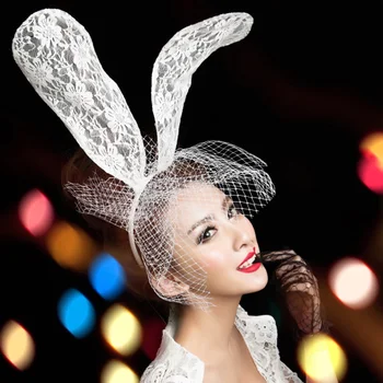 

Lady Gaga White Lace Cap rabbit ears headband lace veil mask Bunny portrait props
