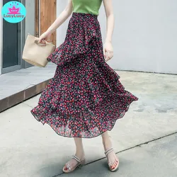 2019 summer high waist irregular a word long skirt cherry print cake skirt multi-layer chiffon skirt female Ankle-Length 2019 summer high waist irregular a word long skirt cherry print cake skirt multi-layer chiffon skirt female Ankle-Length