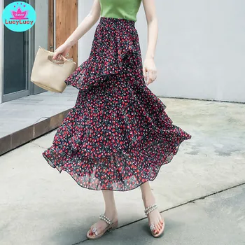 

2019 summer high waist irregular a word long skirt cherry print cake skirt multi-layer chiffon skirt female Ankle-Length