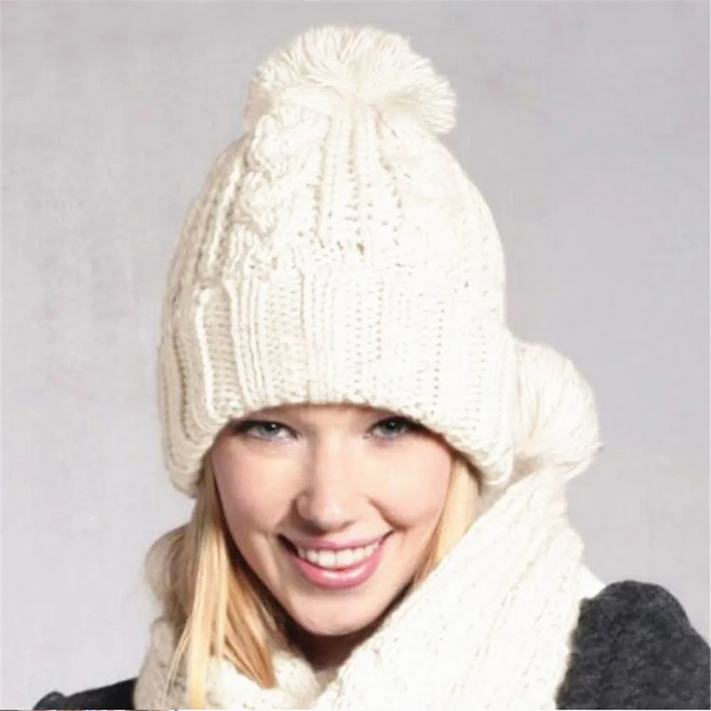 2018 Winter Warm Mode Acryl Gebreide Beanie Met Pompom Sjaal Hoed Set 