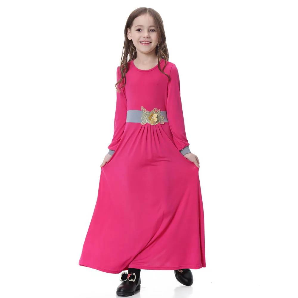 

4 colors Milk silk muslim dress with Gold flower at waist, mid waist long-sleeved round neck dress for girl abaya dubai TH603