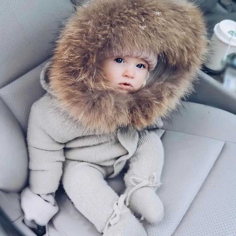 Luxury Baby Knitted Racoon Fur Collar Jumpsuits Hooded Baby Girl Clothes Winter Rompers Boys Girls Infant Vintage B3