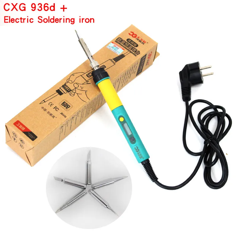 

CXG 936d+ EU Plug 220V 100W Adjustable Temperature Electric Soldering Iron Kit 5pcs Tip Iron, with sleep+blacklight function