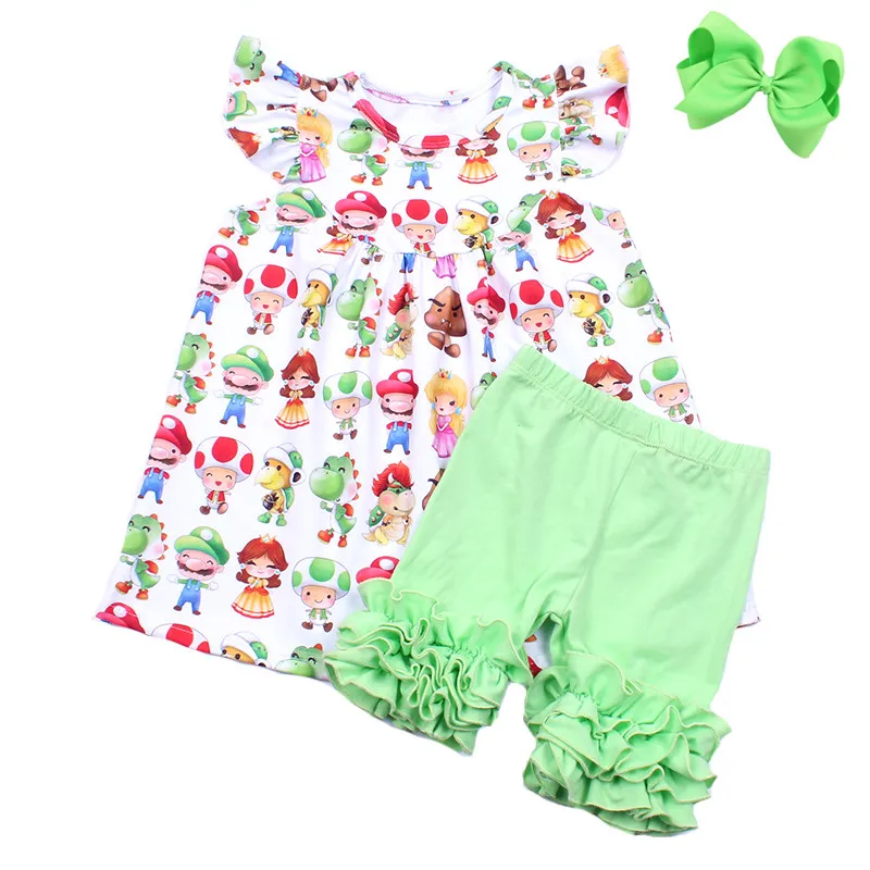 

New Arrival Baby Clothing Set Girls Cartoon Short Set Boutique Clothing Milk Silk Pearl Top Green Ruffle Shorts Set Match Bow