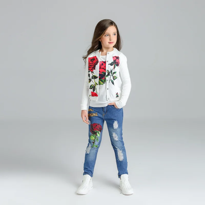 Kiomcat/осенне-зимняя одежда для девочек высокого качества с принтом розы, 3 шт. (пальто + футболка + джинсы), детская одежда для девочек