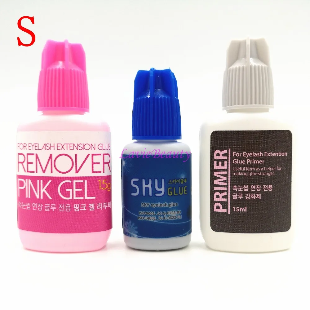 

Free shipping original Korea 1 set S type SKY Eyelash Extensions Kit Primer lasting 6~7 weeks Glue Adhesive pink gel Remover