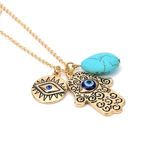 Gorgeous Women Turquoises Hamsa Fatima Hand Blue Evil Eye Pendant Double Layers Beads Sweater Long Necklace Gifts for Her