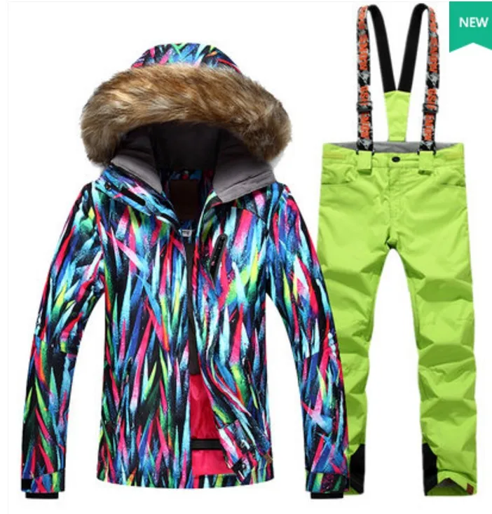 

Female green ski suit women colorful neon lamp riding ski jacket and green ski pants winter outdoor sports suit snowboard suit