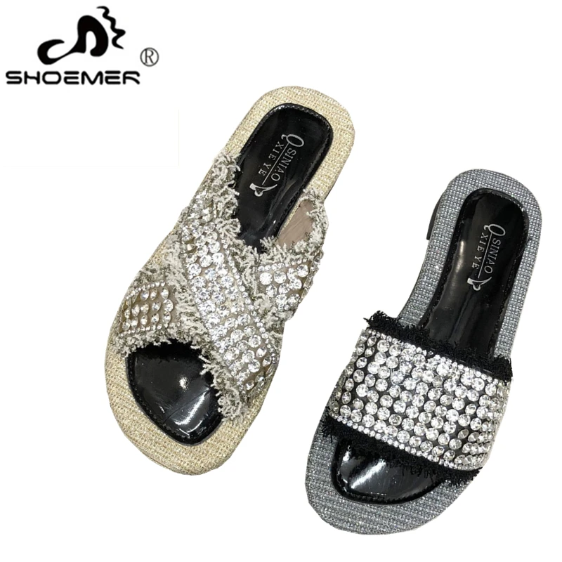 

SHOEMER 2019 summer new slippers women's shoes wet sequins diamond shine ladies vacation beach cross belt flat sandals
