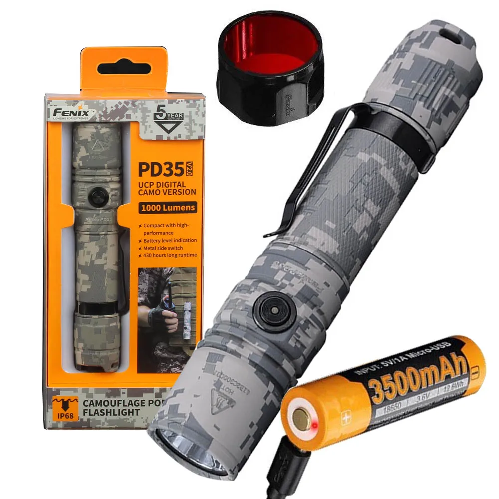 

Fenix PD35 V2.0 (Digital Camo) 2018 Edition V2 1000 Lumen CREE XP-L HI V3 LED Tactical Flashlight +3500mAh battery AOF-S+ filter