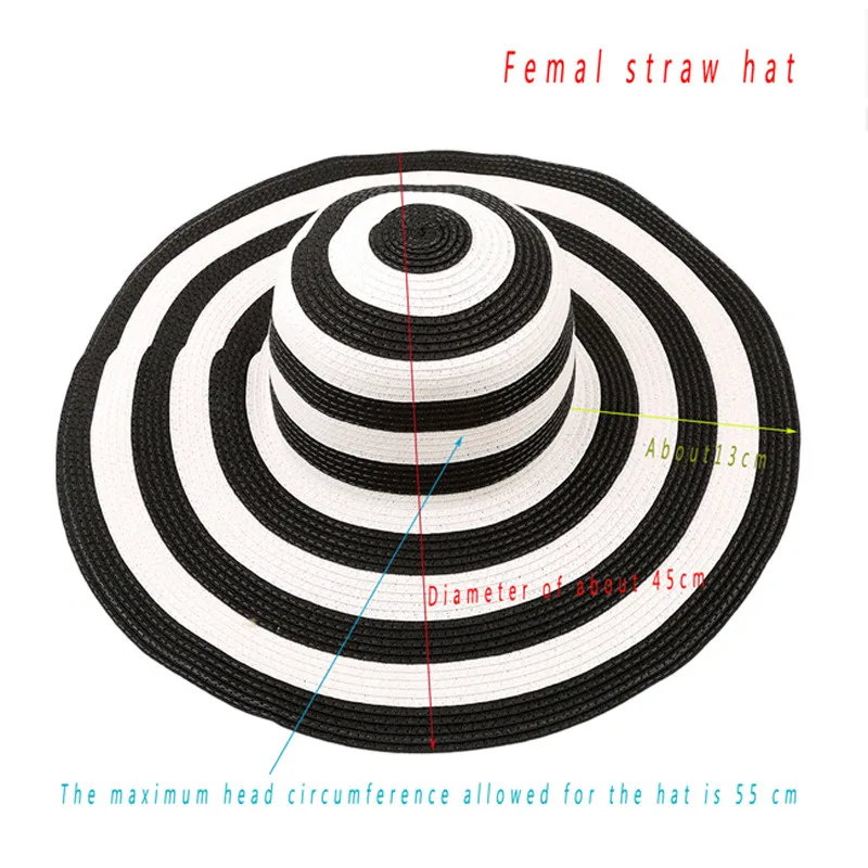 Широкая большая пляжная шляпа с широкими полями, складывающаяся черно-белая полосатая шляпа для женщин, ретро, отдых, тур, шляпа, летняя пляжная широкая шапка