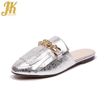 

JK Plus Size 43 Fashion Women Mules Shoes Summer Ladies Slippers Outside Metallic Flat Sole Woman Slides Female Mule Footwear