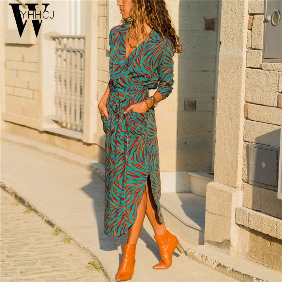 

Women Long Dress Floral Print Summer Maxi Chiffon Beach Dress Elegant Party Dress Long Sleeve Office Shirt Dress Vestidos Longo