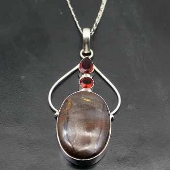 

Solitaire Unique Oval Hematite Red Garnet 925 Sterling Silver Color Pendant Necklace Charms Jewelry 2 3/4 INCH TF102