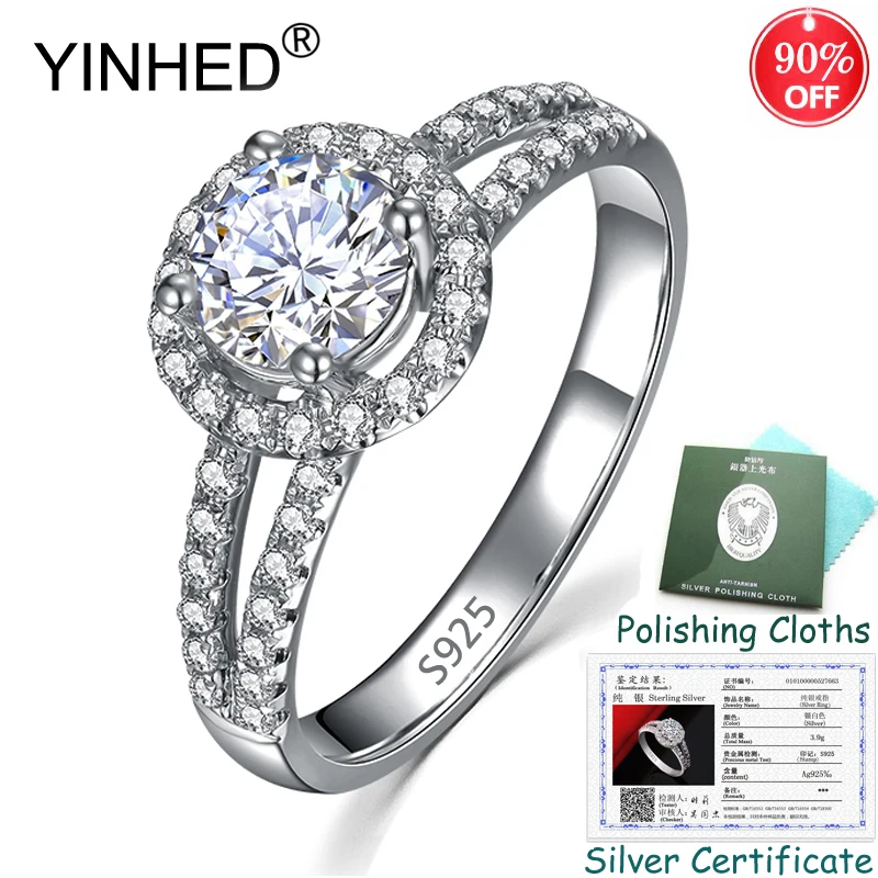 

Send Certificate! YINHED Luxury 8mm 5A Cubic Zircon Wedding Rings for Women 925 Sterling Silver Ring Fine Jewelry Gift ZR559