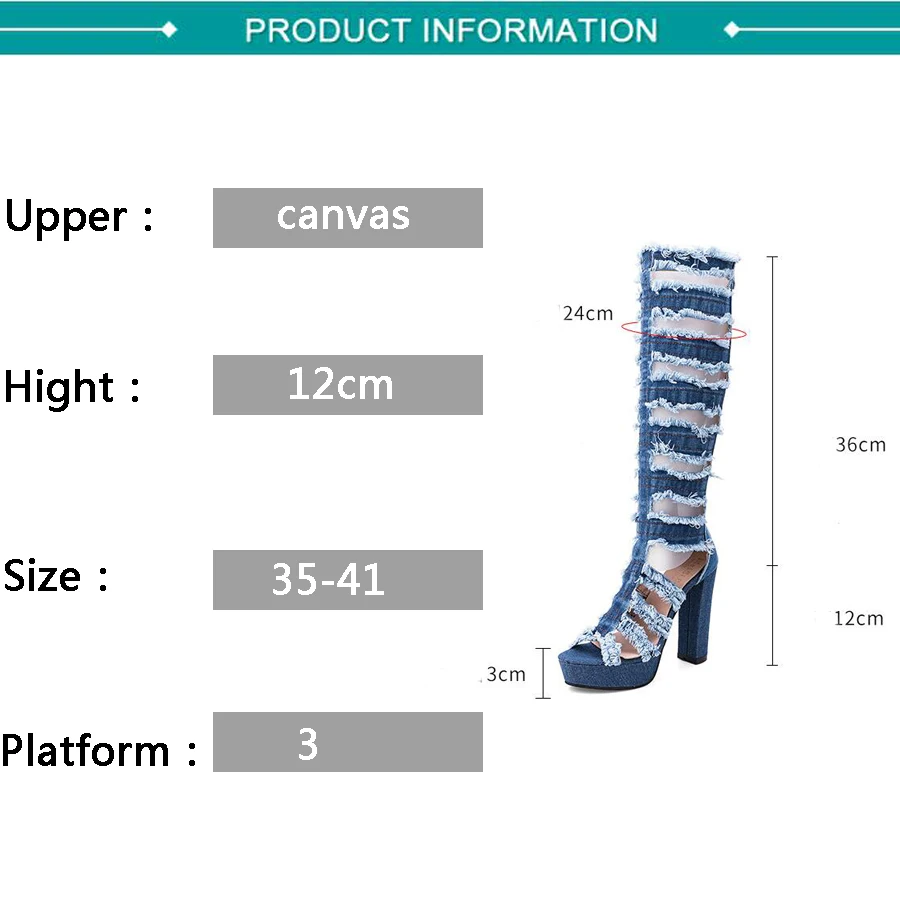 Новые модные женские сапоги до колена пикантные джинсовые сапоги на высоком квадратном каблуке с вырезами крутые летние сапоги дышащая женская обувь из джинсовой ткани