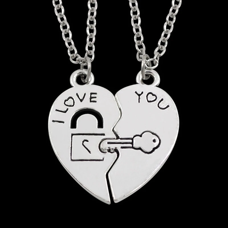 2PCS/Set Fashion I Love You Heart Lock & Key Couple Pendant Necklace Key Pattern Long Chain Necklace Gift Jewelry