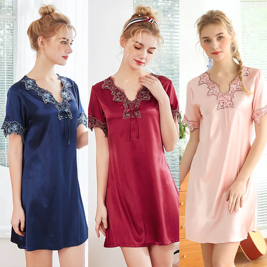 

New Stain Nightgown Women Slik Sleepwear Nuisette Sexy Night Dress Sleepshirt Solid Nightwear Sleep Dress Female Home Clothes