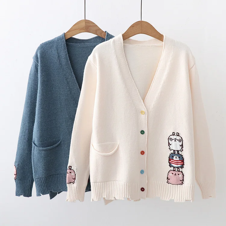

Colorful buttons v-neck hole bunny cartoon cardigan sweet female