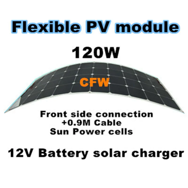 

whole sale 120W flexible solar panel with connection box on the front side with 0.9M cable, charging for12V battery