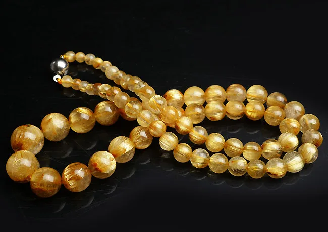 

TJ00639 Titanium Gold Rutilated Quartz Long Bead Necklaces Natural Crystal Necklaces For Women 5-11.5mm
