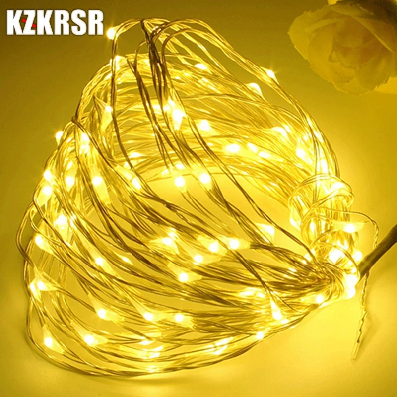

KZKRSR 10m 100 Led 20m 200 LED String Light Waterproof Silver Copper Wire Outdoor Lamp For Christmas Party Wedding USB Powered