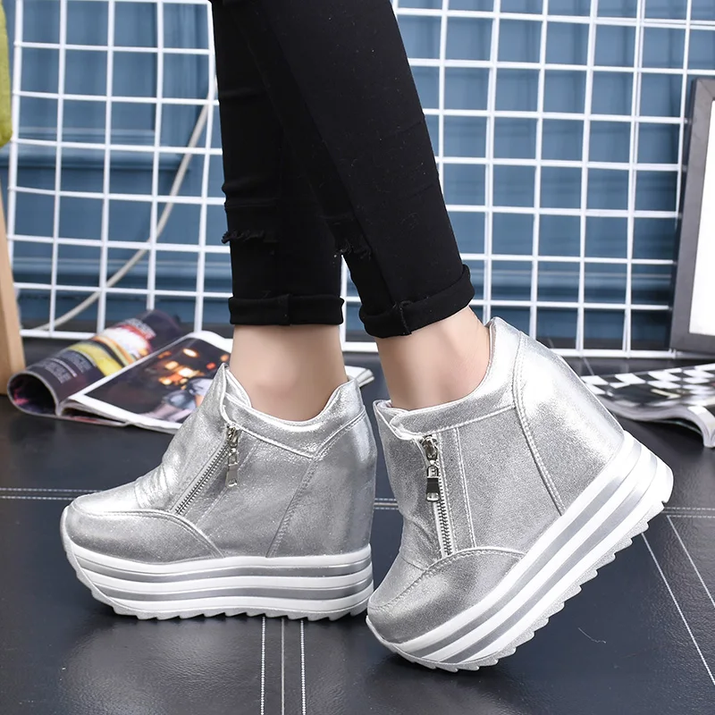 

2019 Women Autumn Winter Ankle Boots Hidden Wedge Platform Sneakers Woman 10CM Height Increasing High Top Shoes Botas Feminina