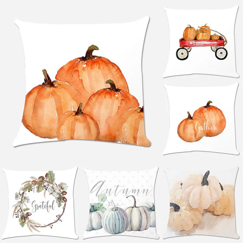 

Halloween Plush Pillowcase Pumpkin Watercolor Merry Christmas Decorative White Bed Polyester Decorative Throw Pillowcase 45*45