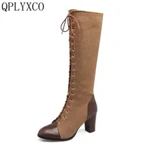 QPLYXCO/ г. Большие размеры 33-48, женские ботфорты на высоком каблуке модные зимние теплые высокие сапоги качественная обувь с круглым носком S-18