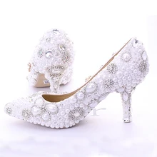 New White 7cm Women Lady Cocktail Evening Bridal Accessories Rhinestone Pearl Pointed Toe Stiletto Heels Wedding Dress Shoes