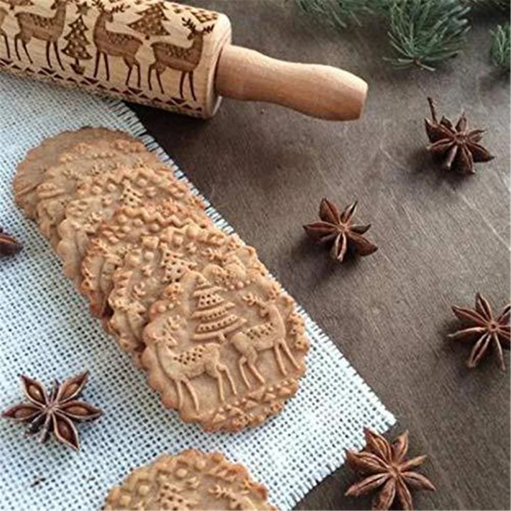 

35cm Christmas Embossing Rolling Pin Wood Carved Kitchen Tool Basking Pastry Tools Engraved Roller Reindeer Snowflake