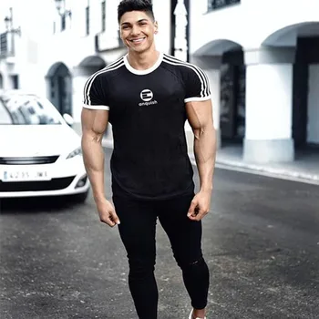 

2019 New Mens sports gyms t shirt Fitness Bodybuilding Slim Cotton Men Short Sleeve t shirt workout male Running Shirts