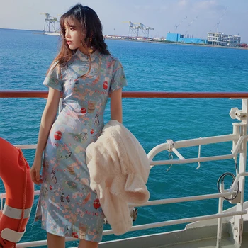 

Fashion casual temperament dress Chinese style cheongsam short sleeve stand collar dress retro 2018 new