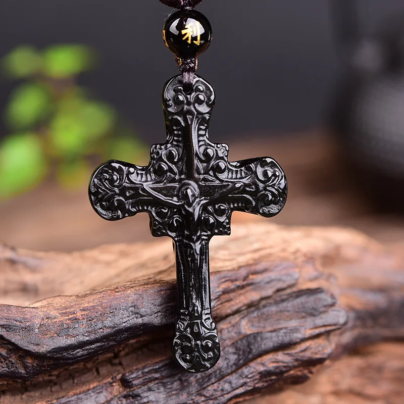 

New Natural Obsidian Stone Carved Cross Jesus Christ Pendant Women Men's Amulet Lucky Jades Jewelry Pendants With Beads Necklace
