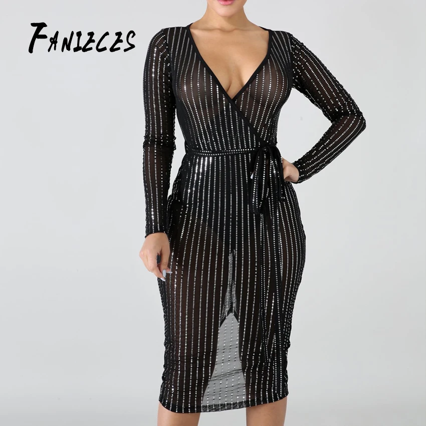 

FANIECES Sexy V-neck High Slit Party Dress Women Glitter Sequined Bodycon Dresses summer Long Sleeve Midi Tunic Female Vestidos