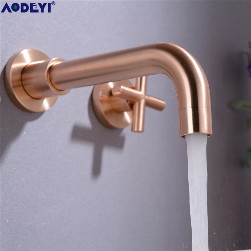 Günstig Matte Schwarz Messing Doppel Griff Wand Montiert Bad Waschbecken Wasserhahn Hot   Cold Becken Wasserhahn Schwarzen Hahn