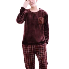 Пижама для мужчин, зимняя теплая Фланелевая пижама с круглым вырезом и длинным рукавом, домашние костюмы, топы для сна и штаны, Мужская одежда для сна, домашняя одежда
