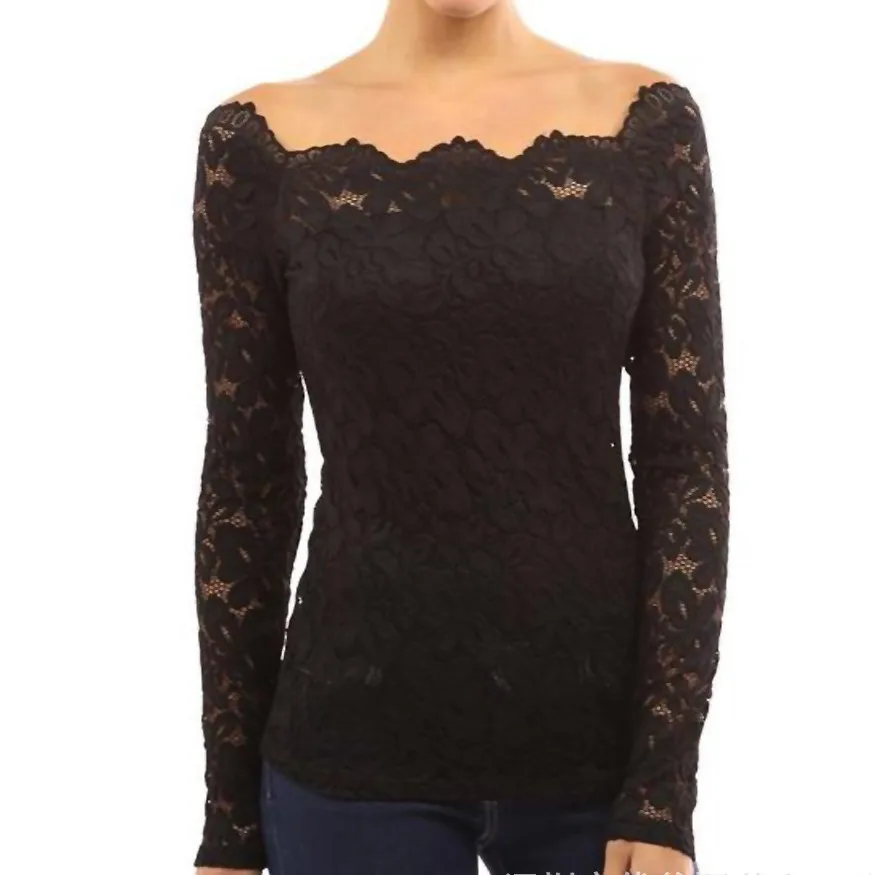 

Sexy Lace Blouses Woman 2019 Autumn Slash Neck Blusas Full Sleeve Feminina Hollow Out Lace Easy Matching Tops Shirts Discount