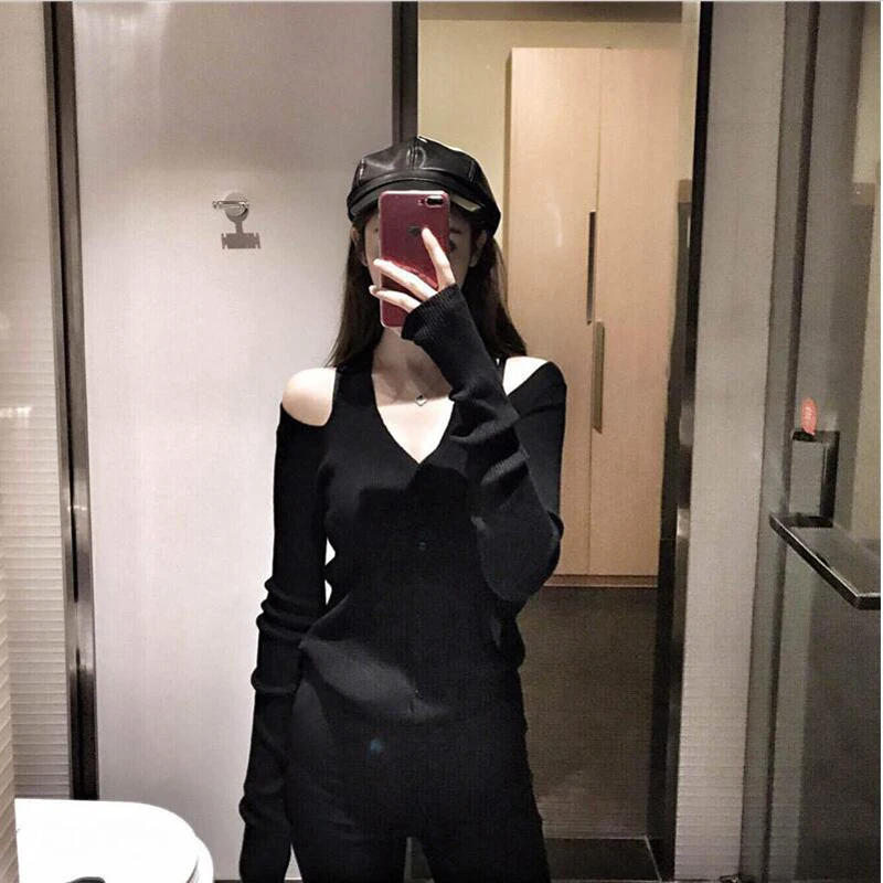 XL--4XL Off shoulder knit cardigans solid sexy sweater hollow out tops make you look silm