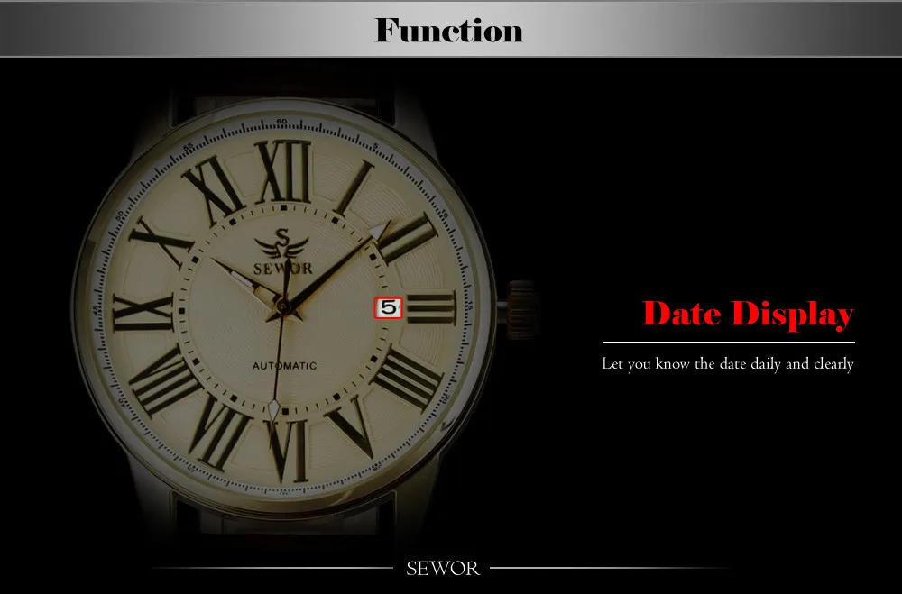 2016 new fashion SEWOR brand design business calendar clock men male automatic mechanical self wind leather wrist dress watch