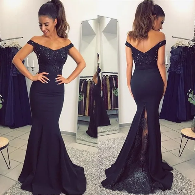 Robe De soirée sirène noire 2019 col bateau hors De l\u0027épaule Satin longues robes